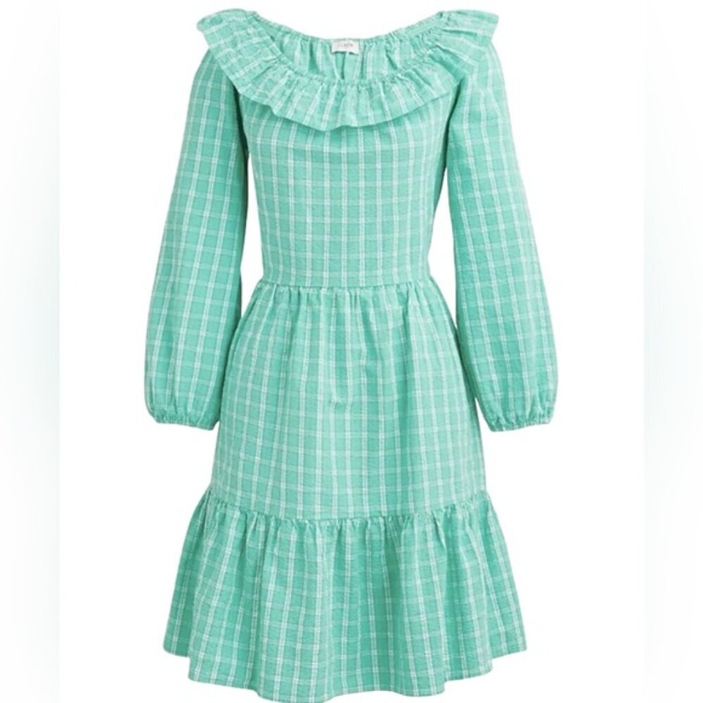NWT J. CREW Ruffle Neck 3/4 Sleeve Peplum Hem Plaid Mini Dress BP802 Size 4